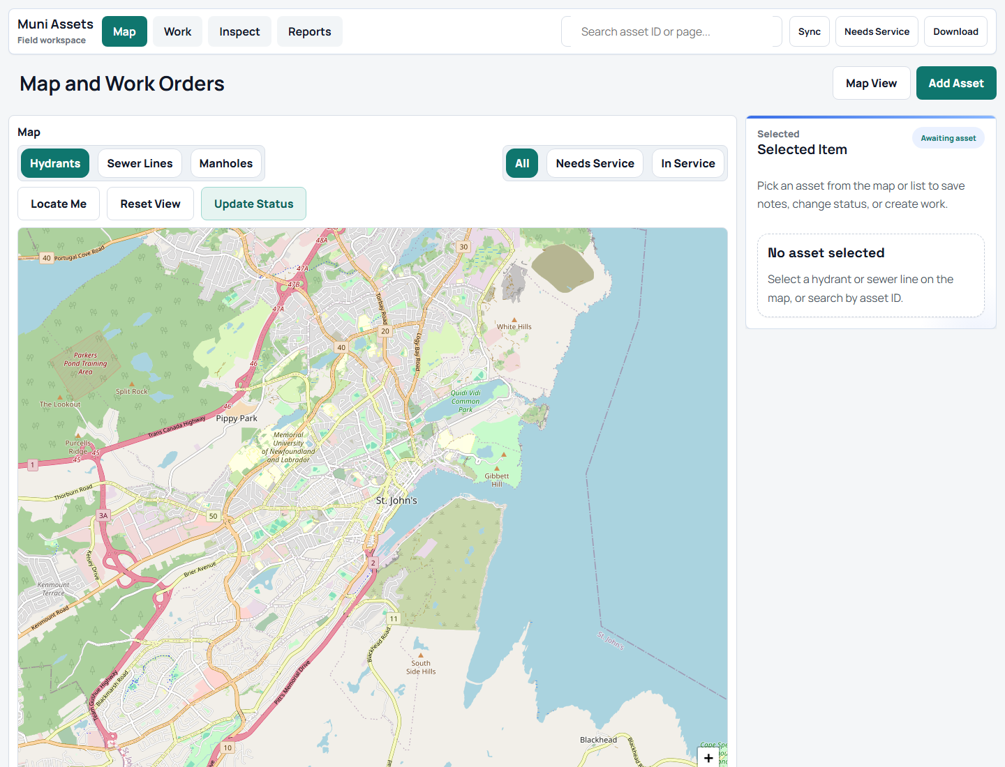 TraverseOps municipal field operations dashboard showing a map, asset filters, and selected asset panel for work orders, inspections, reports, and field crew workflow.